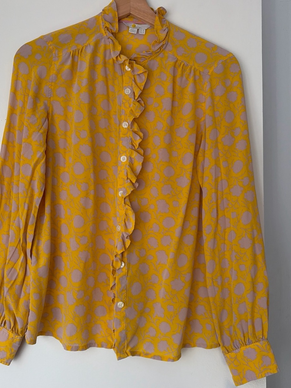 Boden Yellow Blouse with Pink Spot Ruffle Front